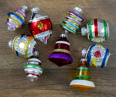Reflector, Finial & Bell Glitter 9-Piece Glass Ornament Set