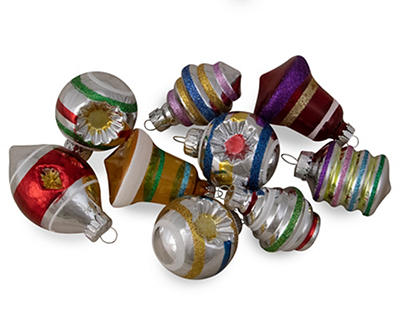 Reflector, Finial & Bell Glitter 9-Piece Glass Ornament Set