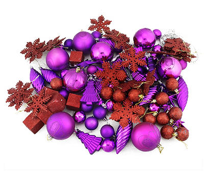Purple & Red 125-Piece Shatterproof Plastic Ornament Set