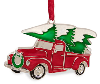 Retro Pickup Truck & Tree Metal Ornament