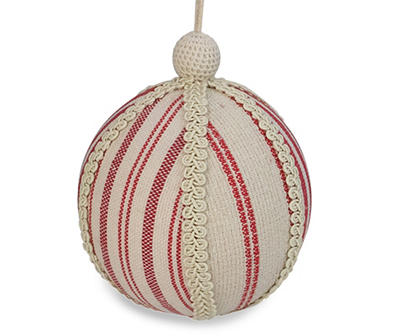 White & Red Stripe Ribbon Ball Fabric Ornament