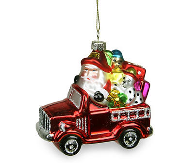 Firetruck & Santa Glass Ornament