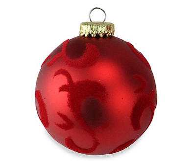 4ct Red Flocked Flourish Shatterproof Christmas Ball Ornaments 2.75" (70mm)