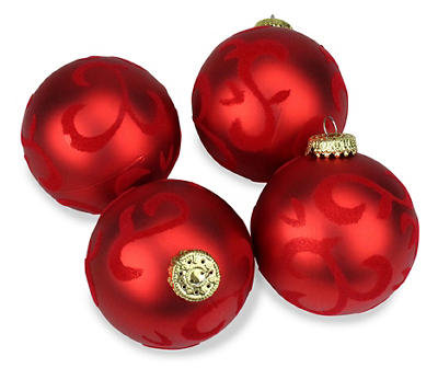 4ct Red Flocked Flourish Shatterproof Christmas Ball Ornaments 2.75" (70mm)