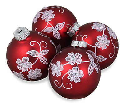 Red & White Floral 4-Piece Glass Ornament Set