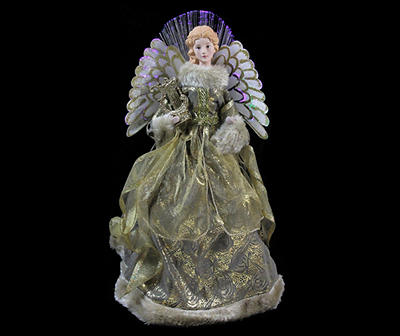 16" Gold and Brown Lighted Angel in Gown with Harp Christmas Tree Topper