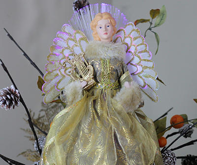 16" Gold and Brown Lighted Angel in Gown with Harp Christmas Tree Topper
