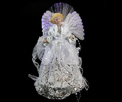 16" White and Silver Lighted Angel Sequined Gown Christmas Tree Topper