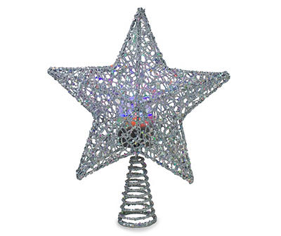13" LED Lighted Silver Glittered Star with Rotating Projector Christmas Tree Topper