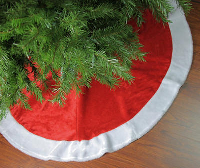 48" Red and White Velveteen Christmas Tree Skirt with White Trim