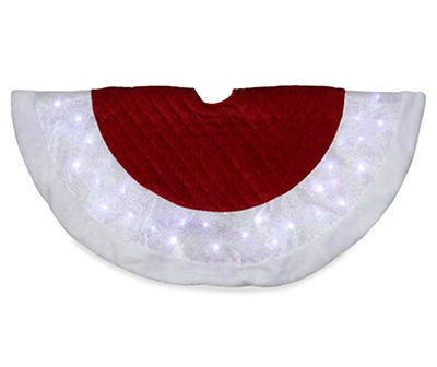 48" LED Red Quilted Velvet Iridescent Christmas Tree Skirt with Faux Fur Trim