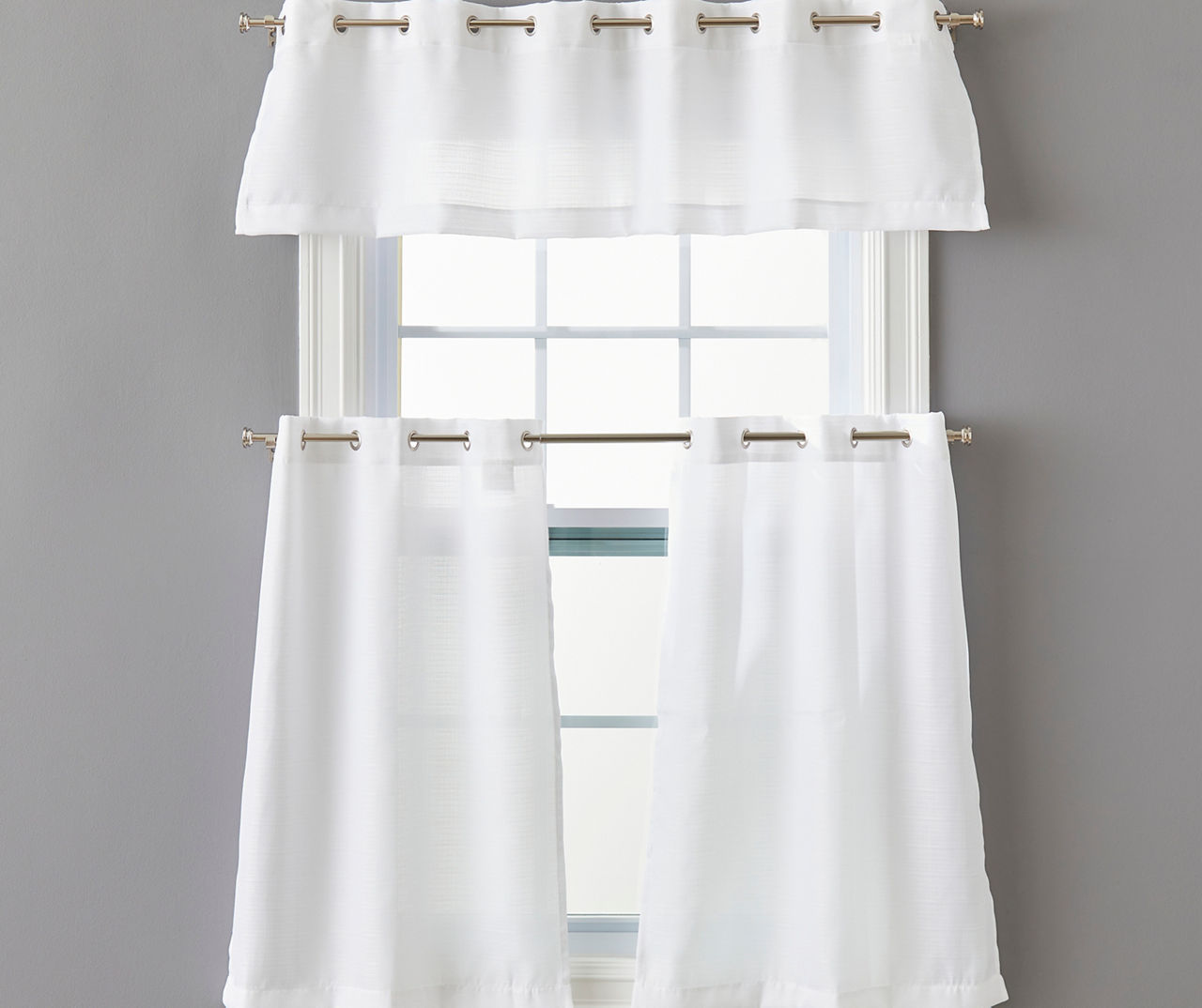 White Tucker Valance Tier 3 Piece Curtain Set