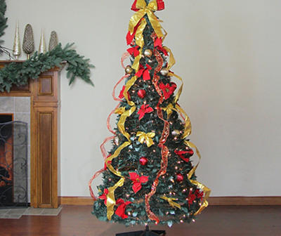 6 ft. Pop Up LED Decorated Green PVC Pine Tree with Red/Gold Decorations 