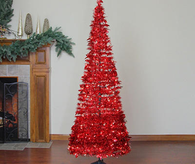 6' Red Tinsel Pop-Up Pre-Lit Artificial Christmas Tree with Clear Lights