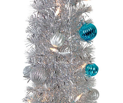 6' Silver Ornament Pencil Pop-Up Pre-Lit Artificial Christmas Tree with Clear Lights