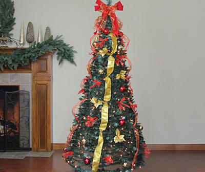 6' Red & Gold Slim Pop-Up Pre-Lit Artificial Christmas Tree with Clear Lights