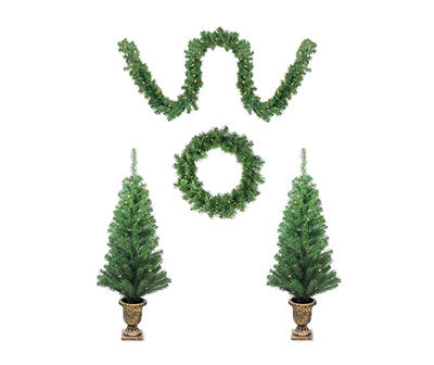 Winter Spruce 5-Piece Pre-Lit Artificial Christmas Tree Urns, Garland & Wreath Set