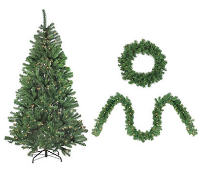 Spruce 4-Piece Pre-Lit Artificial Christmas Tree, Garland & Wreath Set