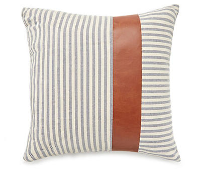 Blue Stripe & Leather Throw Pillow
