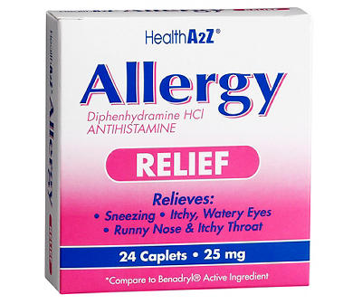 Allergy Relief 25mg Diphenhydramine HCI Antihistamine Caplets, 24-Count