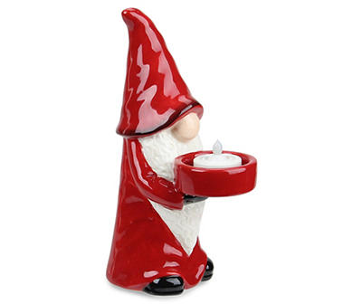Red & White Santa Gnome Ceramic Tealight Candle Holder, (8.25