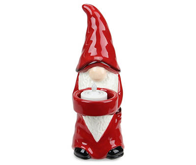 Red & White Santa Gnome Ceramic Tealight Candle Holder, (8.25