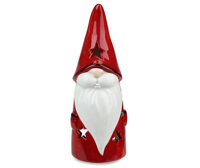 Red Ceramic Starry Christmas Gnome Tealight Candle Holder, (8.25