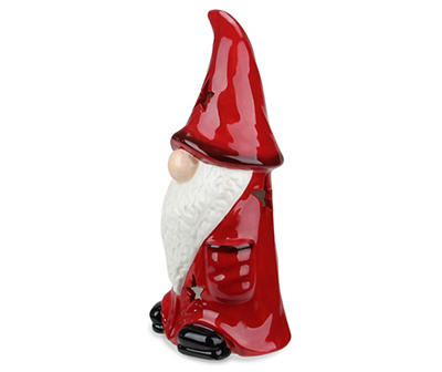 9.75 Red Ceramic Christmas Star Gnome Tealight Candle Holder