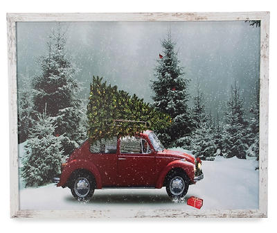 Red Vintage Car With Tree Framed LED Christmas Canvas