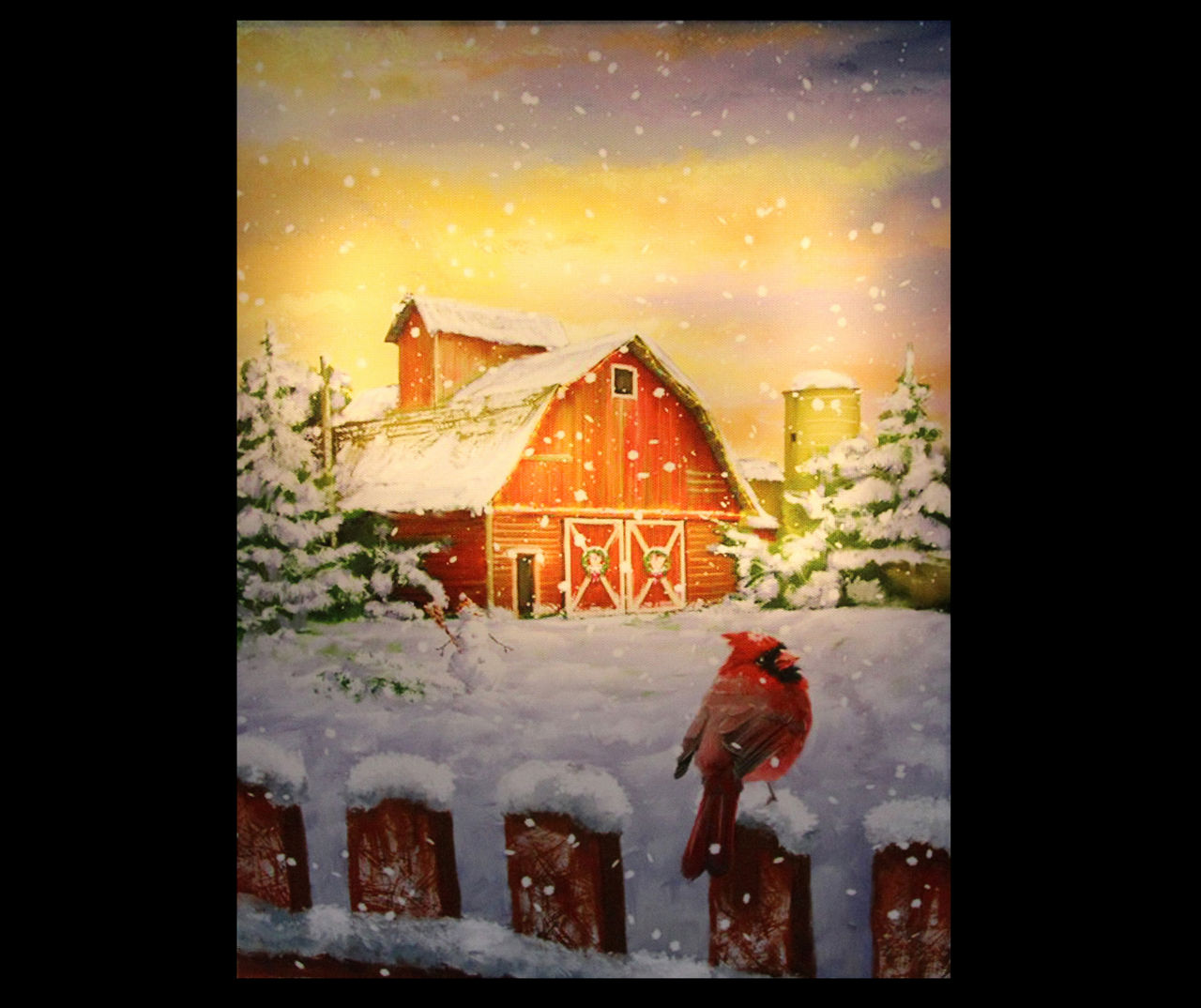 Snowy Sunset Barn Scene LED Wall Art