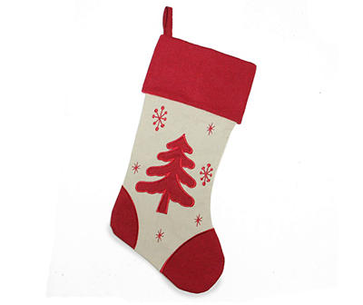 18" Red and Ivory Tree with Snowflakes Christmas Stocking