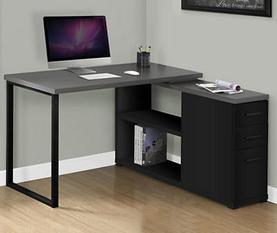 Gray & Black L-Shaped 3-Drawer Computer Desk
