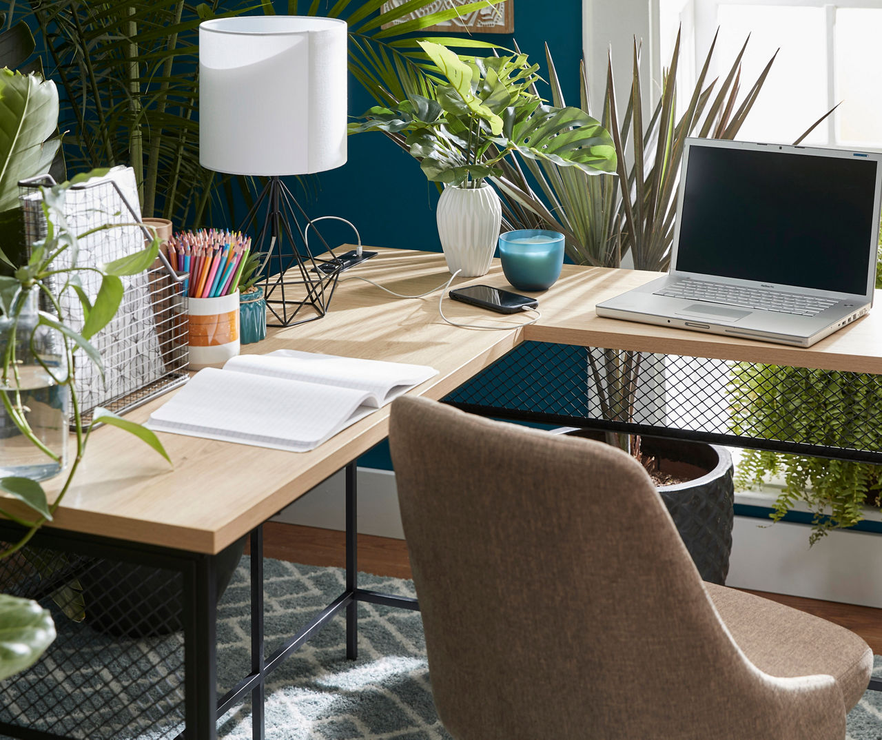 Tribeca Woodgrain L-Shaped Corner Desk with USB Port