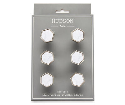 Silver & White Marble Hexagonal Drawer Knobs, 6-Pack
