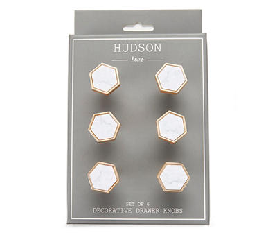 Gold & White Marble Hexagonal Drawer Knobs, 6-Pack