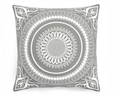 Gray Medallion Embroidered Throw Pillow