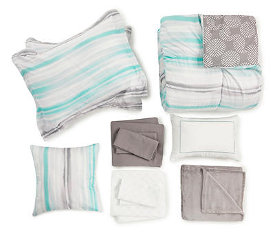 Aqua & Gray Stripe King 14-Piece Reversible Comforter Set
