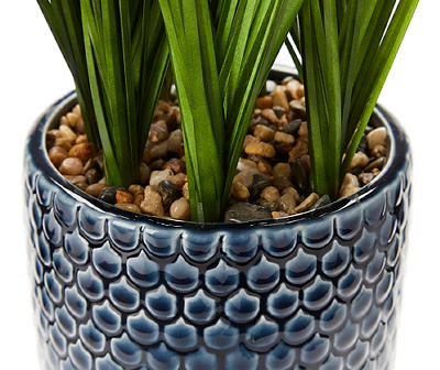 Grass Plant In Textured Blue Ceramic Pot