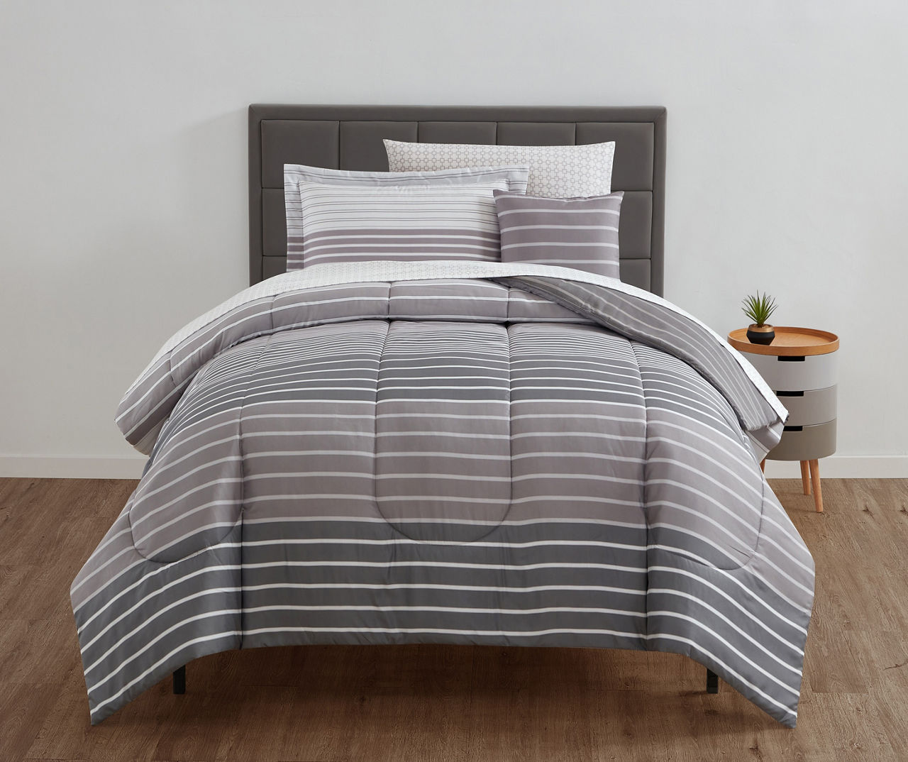 8-Piece Sophie Grey Striped Essential Comforter Set, Full