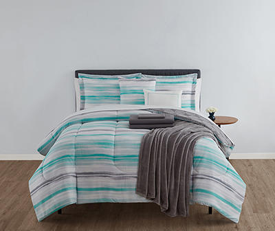 Aqua & Gray Stripe California King 14-Piece Reversible Comforter Set