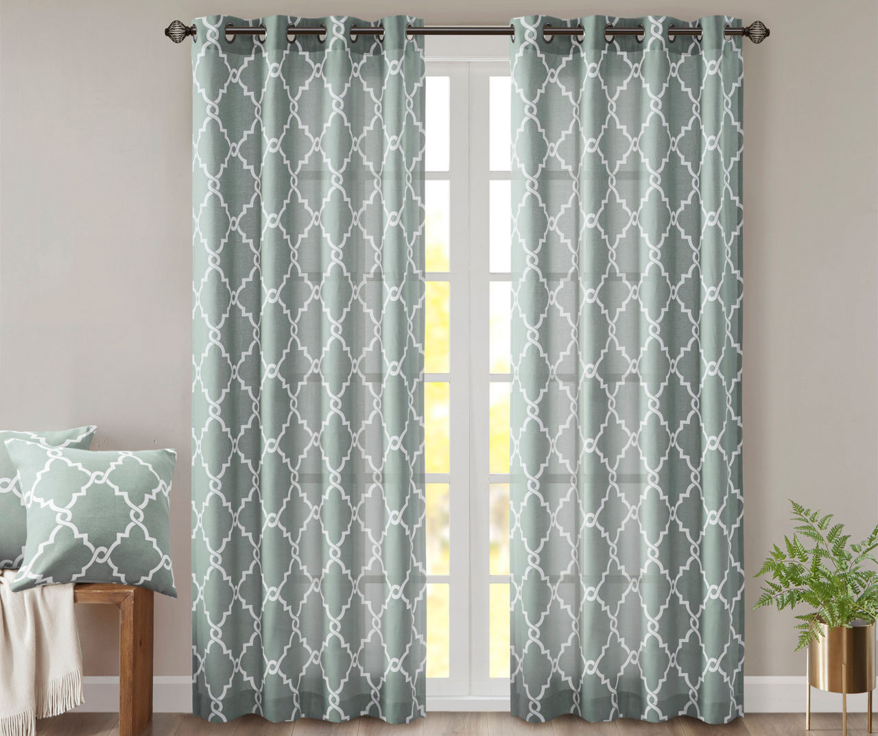 Sereno Fretwork Seafoam Light-Filtering Grommet Curtain Panel, (63