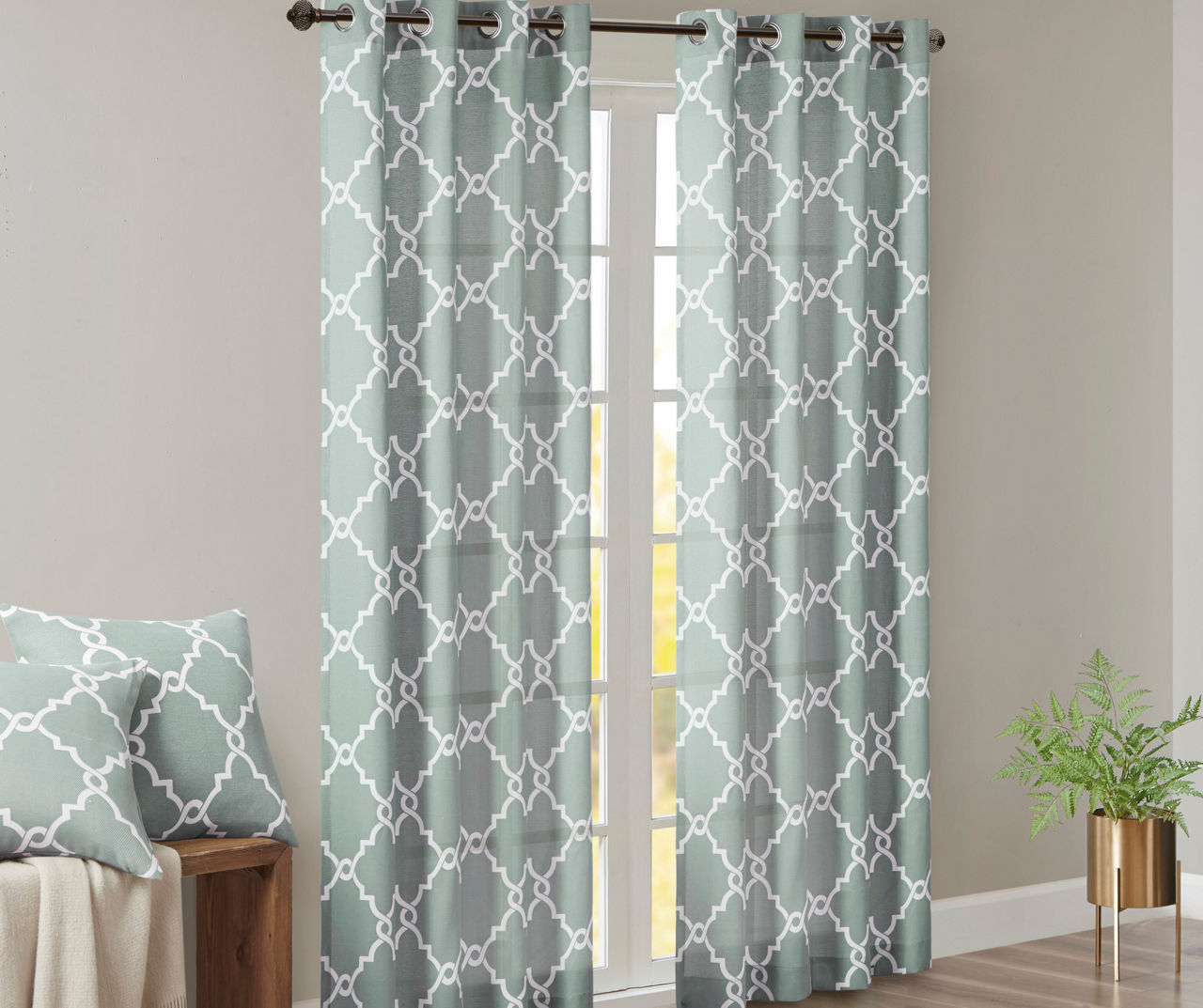 Sereno Fretwork Seafoam Light-Filtering Grommet Curtain Panel, (63