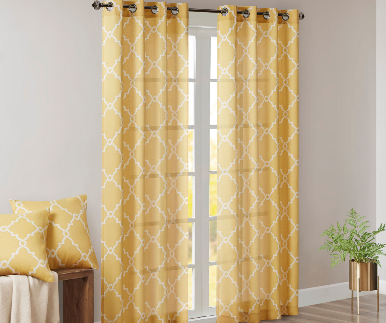 Sereno Fretwork Yellow Light-Filtering Grommet Curtain Panel, (63
