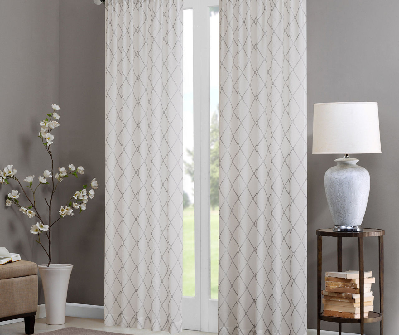 Clarissa Diamond White & Gray Sheer Rod Pocket Curtain Panel, (84