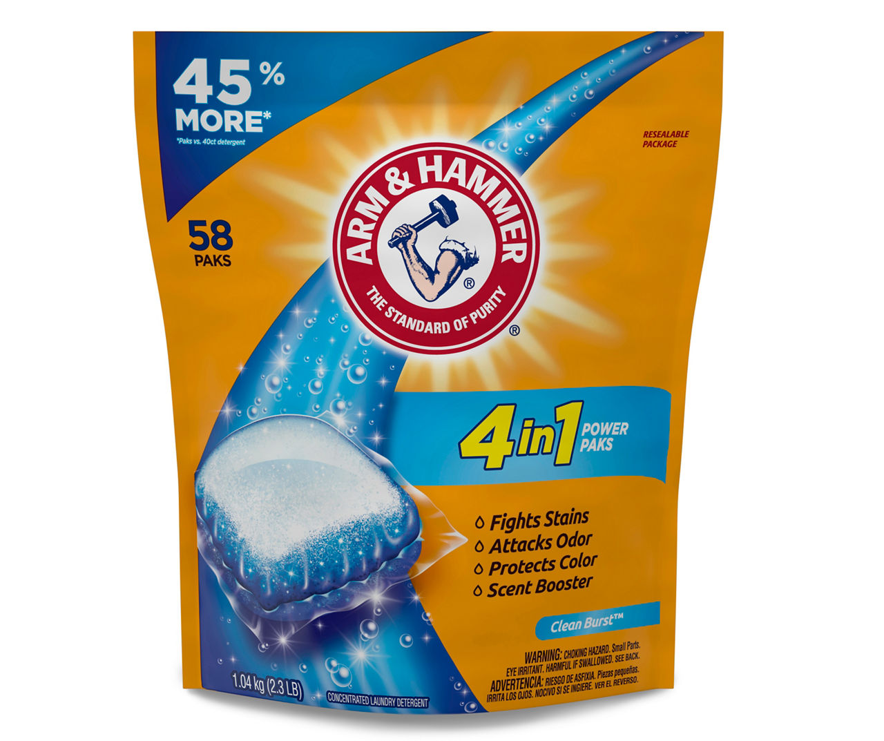 Arm & Hammer Clean Burst 4-In-1 Power Paks Laundry Detergent, 58-Count