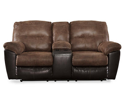 Follet Coffee Faux Leather Reclining Console Loveseat