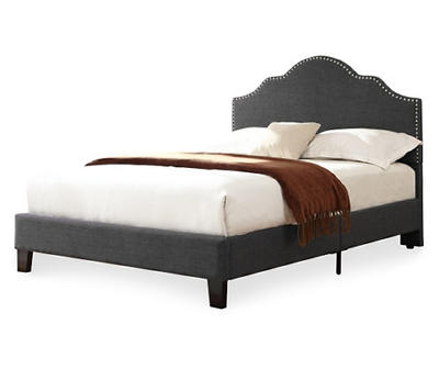 Willow River Charcoal Gray Queen Upholstered Bed with Nailhead, Padded Headboard, And Platform-Style Base