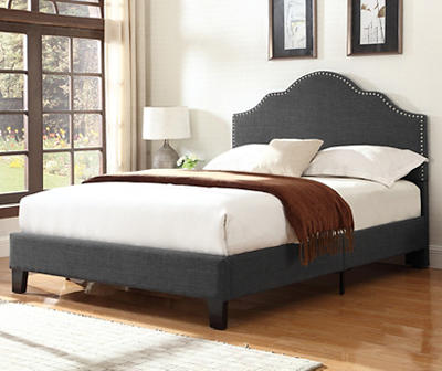 Willow River Charcoal Gray Queen Upholstered Bed with Nailhead, Padded Headboard, And Platform-Style Base