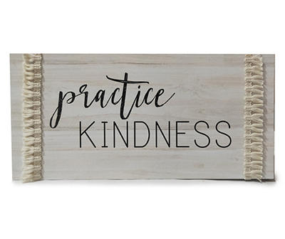 "Practice Kindness" White Wooden Box Plaque With Fringe Embellishments