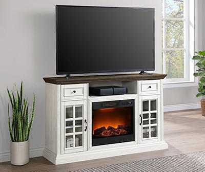 60" Brown & White Glass Door Fireplace Console